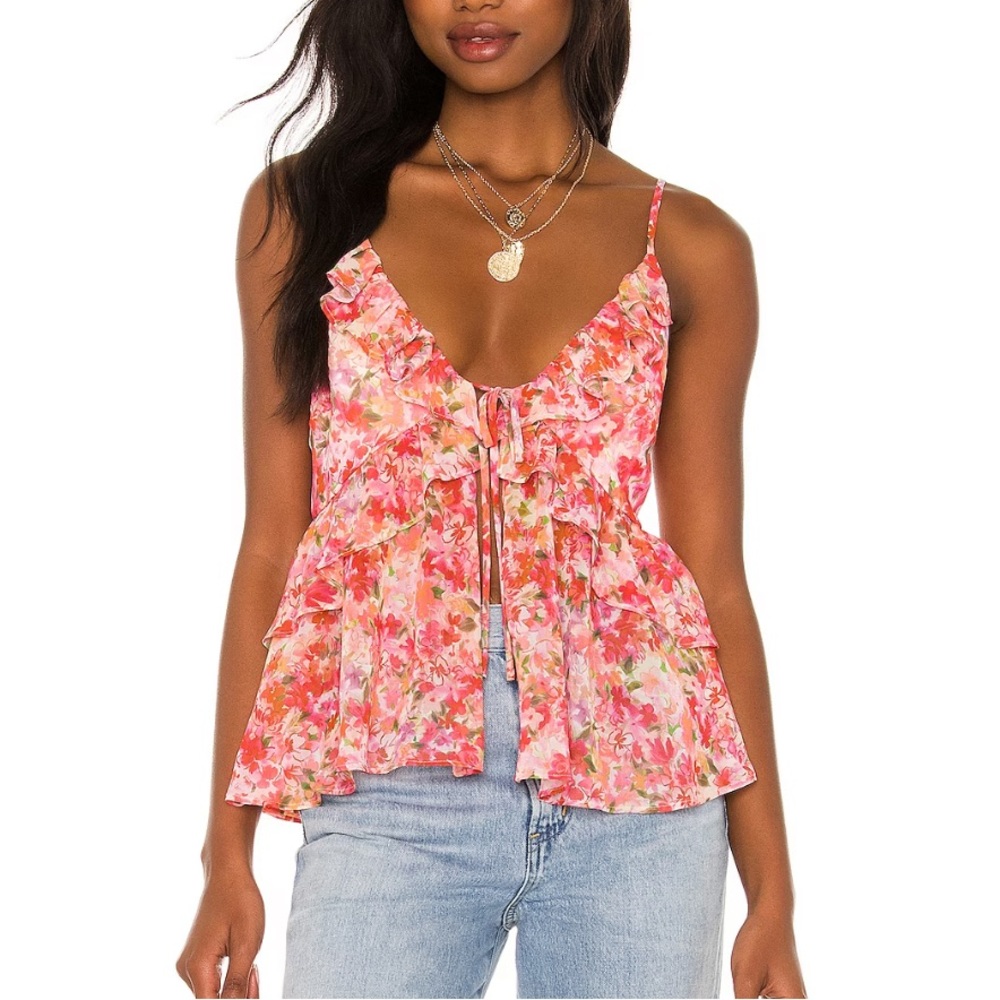 Floral Ruffle Tie-Front Cami Tank Top - Pink